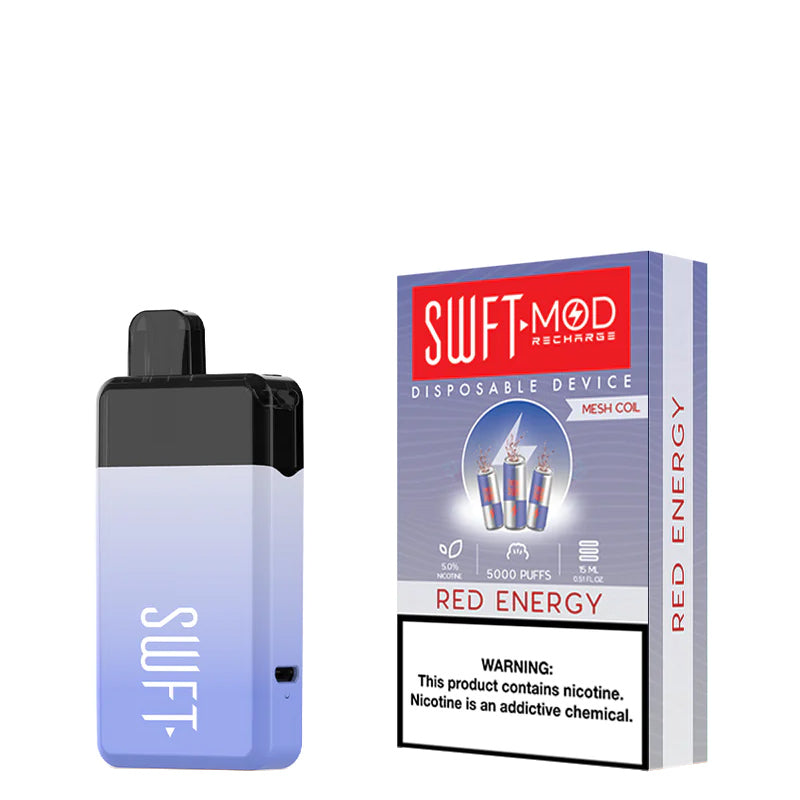 Red Energy SWFT Mod 5000 Disposable and a box with a warning sign next to it - Vaper Corner