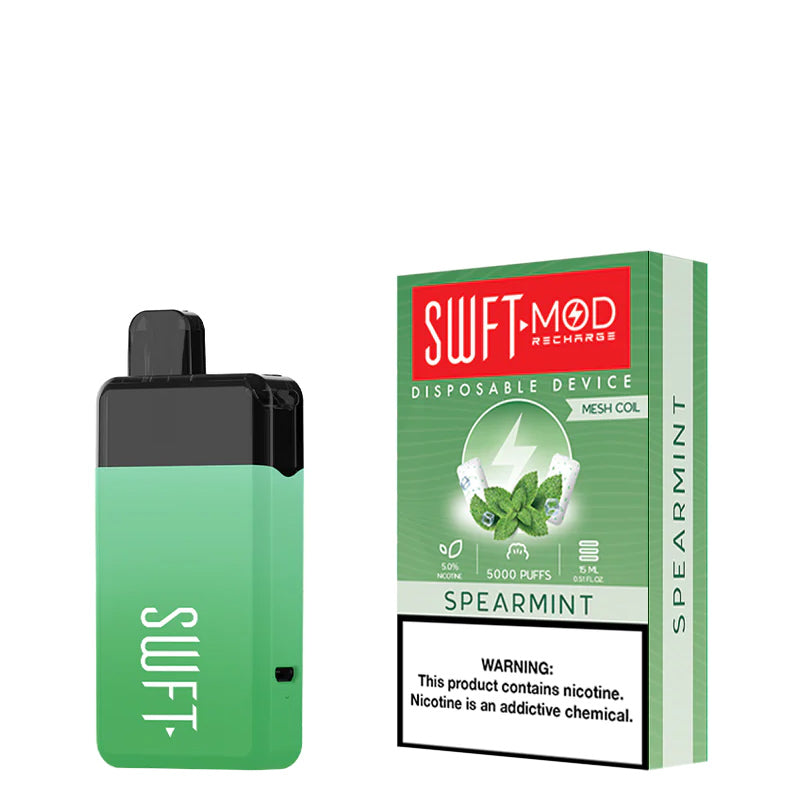 Spearmint SWFT Mod 5000 Disposable and a box with a warning sign next to it - Vaper Corner