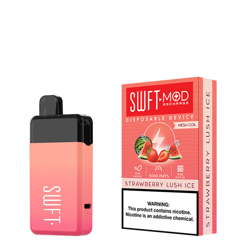 Strawberry Lush Ice SWFT Mod 5000 Disposable and a box with a warning sign next to it - Vaper Corner