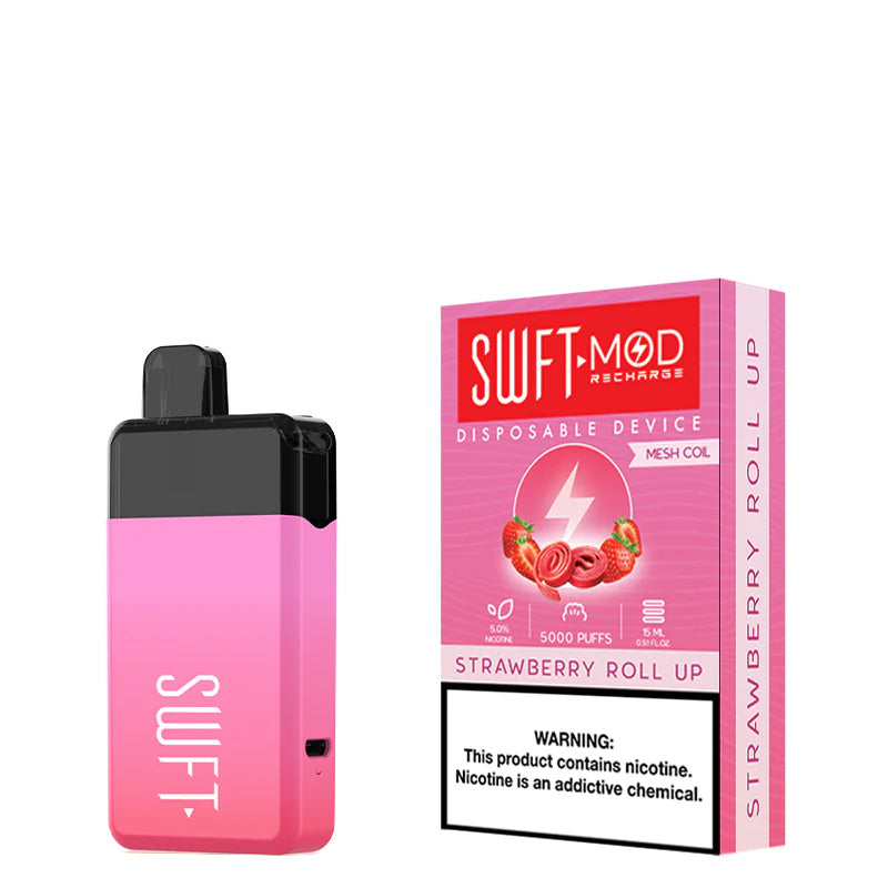 Strawberry Roll Up SWFT Mod 5000 Disposable and a box with a warning sign next to it - Vaper Corner