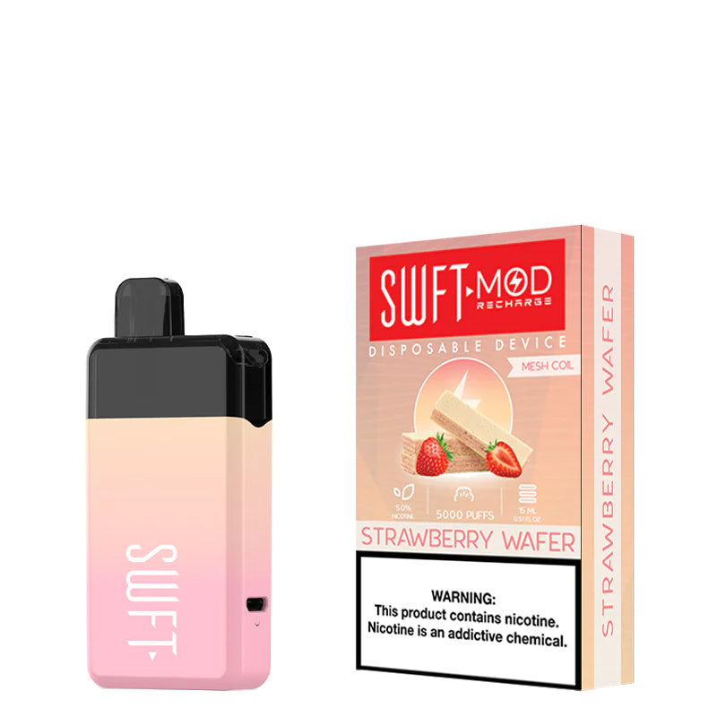 Strawberry Wafer SWFT Mod 5000 Disposable and a box with a warning sign next to it - Vaper Corner