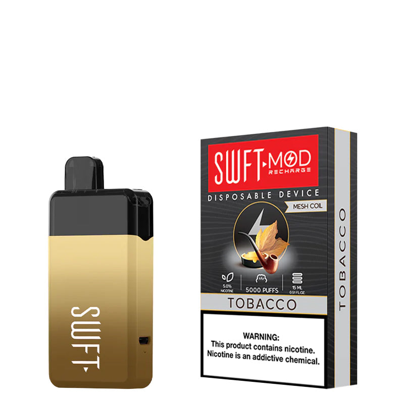 Tobacco SWFT Mod 5000 Disposable and a box with a warning sign next to it - Vaper Corner