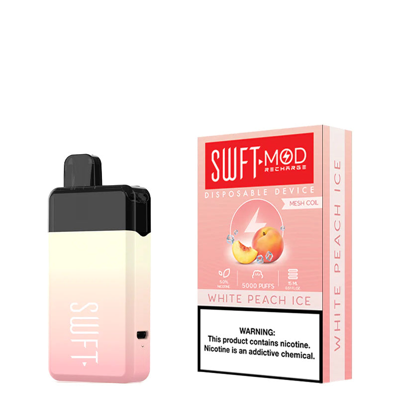 White Peach Ice SWFT Mod 5000 Disposable and a box with a warning sign next to it - Vaper Corner