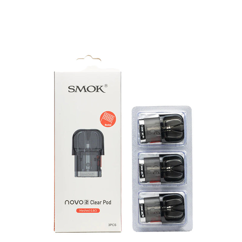 A box of Smok Novo 2 Replacement Pods 0.8ohm Meshed and a pack of three pods next to it - Vaper Corner