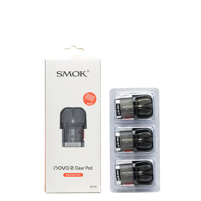 A box of Smok Novo 2 Replacement Pods 0.9ohm Meshed and a pack of three pods next to it - Vaper Corner