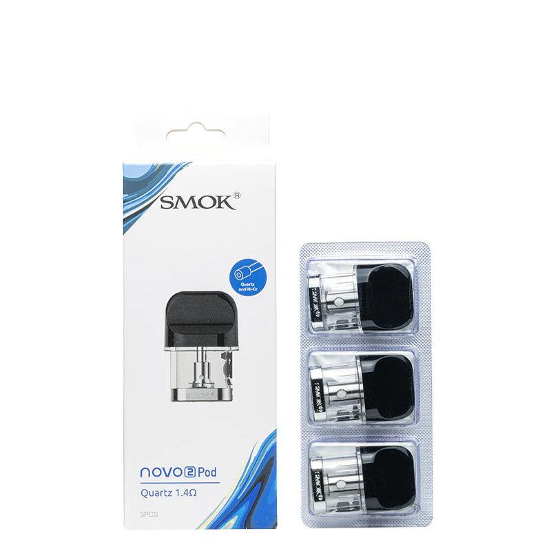 A box of Smok Novo 2 Replacement Pods 1.4 ohm Quartz and a pack of three pods next to it - Vaper Corner