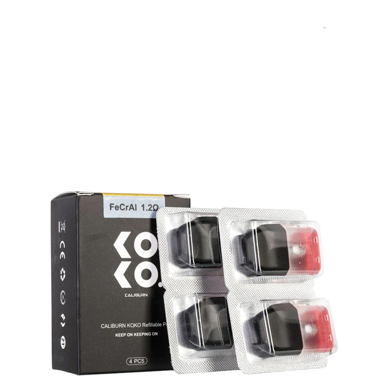 A box of UWELL Caliburn KOKO Replacement Pod and a pack of four pods next to it - Vaper Corner