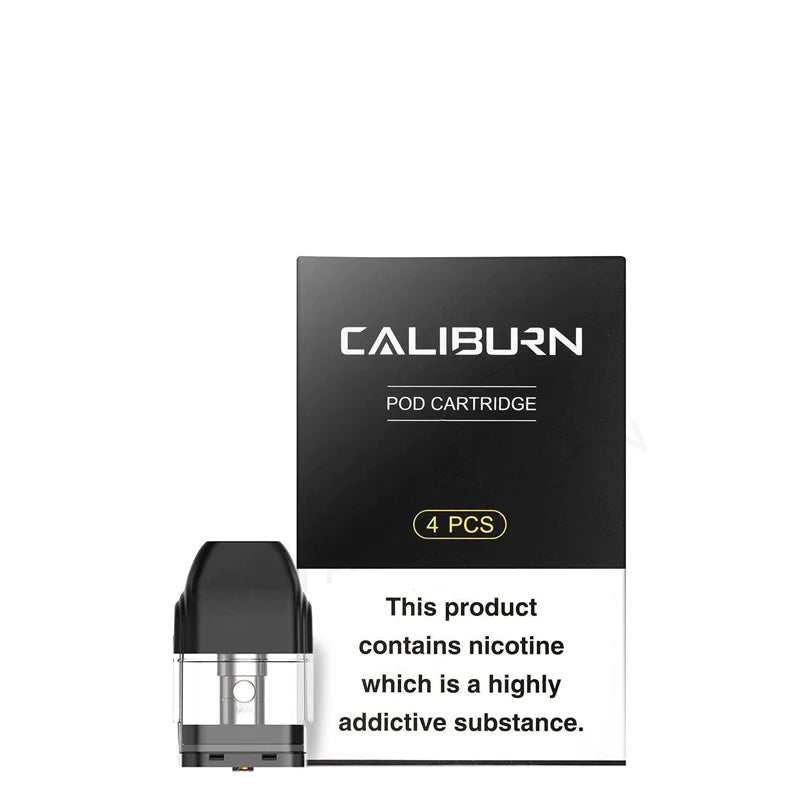 A pod of UWELL Caliburn Replacement pod and a box with a warning sign next to it - Vaper Corner