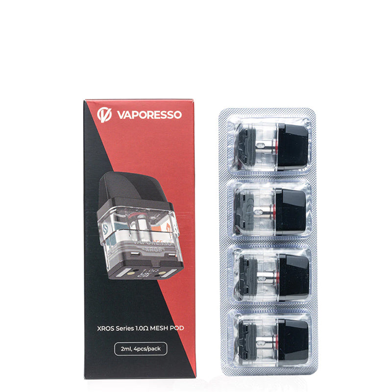 A Box of Vaporesso XROS Replacement Pod 1.0 ohm and a pack of four pods next to it - Vaper Corner