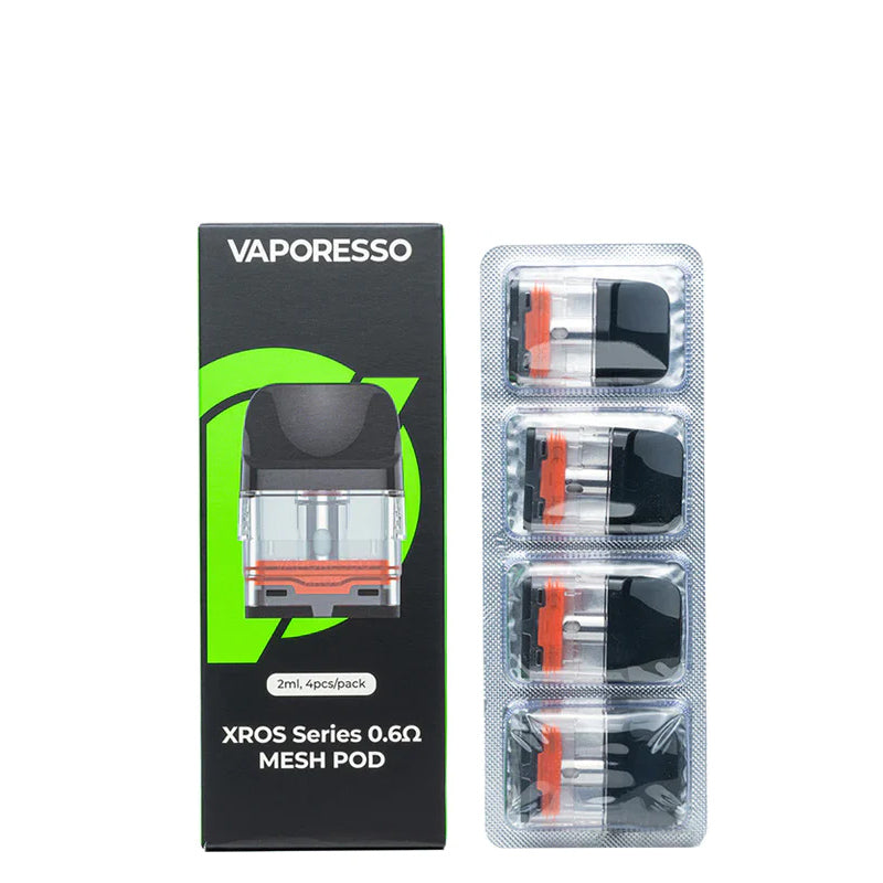 A Box of Vaporesso XROS Replacement Pod  0.6ohm and a pack of four pods next to it - Vaper Corner