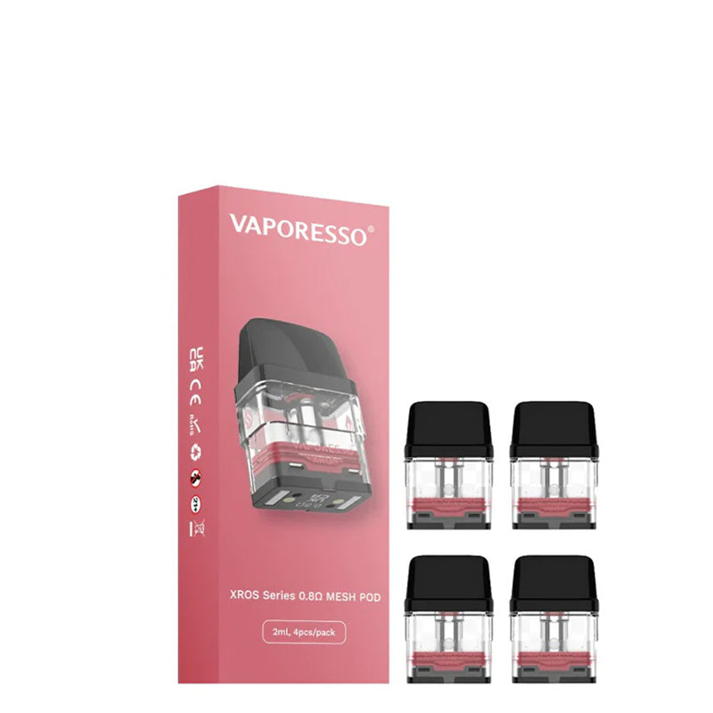 A Box of Vaporesso XROS Replacement Pod 0.8 ohm and four pods next to it - Vaper Corner