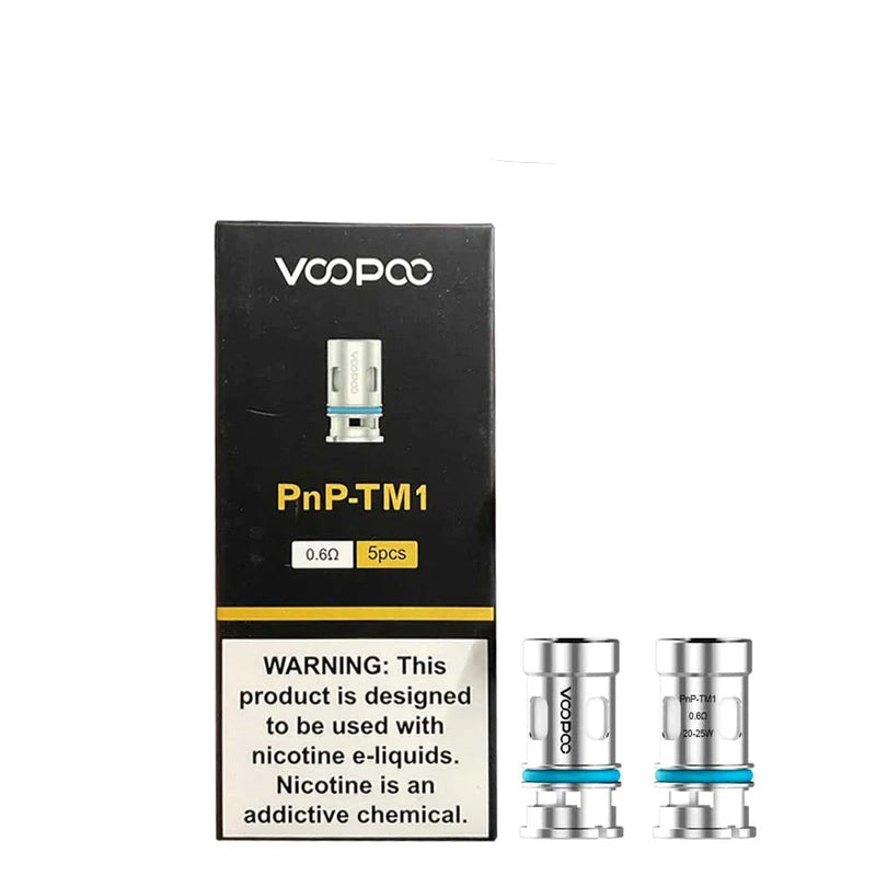 A box of VooPoo PnP-TM 1 Replacement Coils 0.6 ohm with a warning sign and a two coils next to it - Vaper Corner