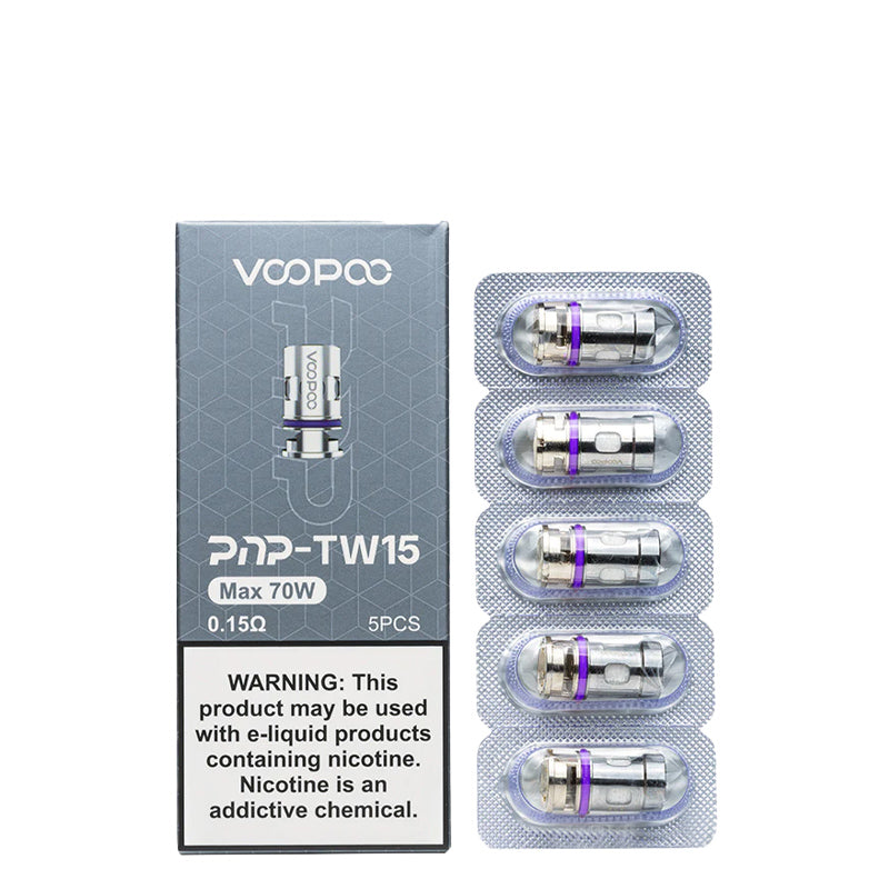 A box of VooPoo PnP TW 15 Replacement Coils 0.15 ohm with a warning sign and a pack of five coils next to it - Vaper Corner