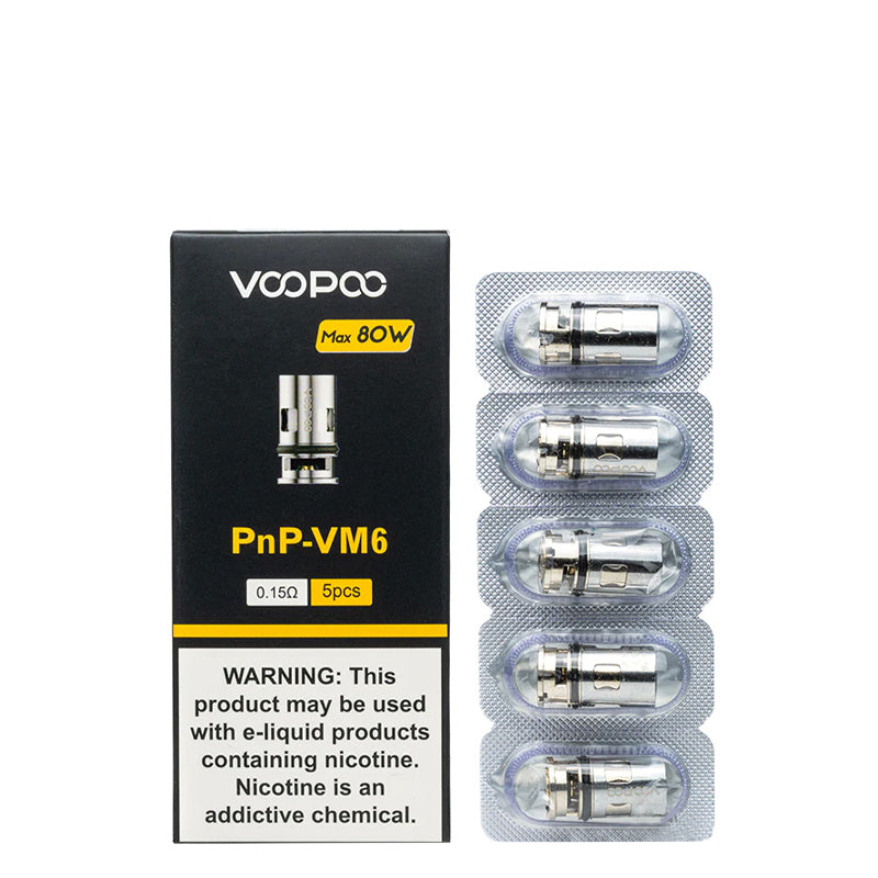 A box of VooPoo PnP-VM 6 Replacement Coils 0.15 ohm with a warning sign and a pack of five coils next to it - Vaper Corner