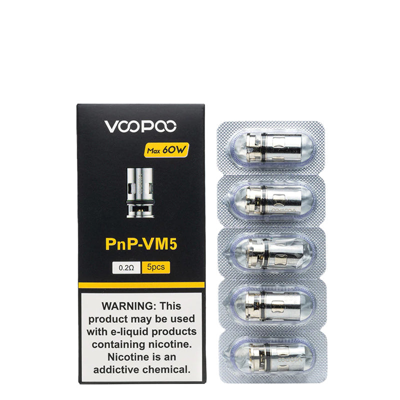 A box of VooPoo PnP-VM 5 Replacement Coils 0.2 ohm with a warning sign and a pack of five coils next to it - Vaper Corner