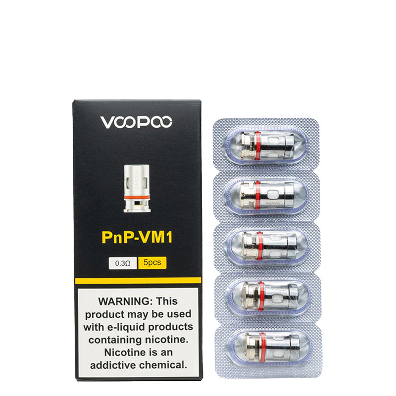 A box of VooPoo PnP-VM 1 Replacement Coils 0.3 ohm with a warning sign and a pack of five coils next to it - Vaper Corner