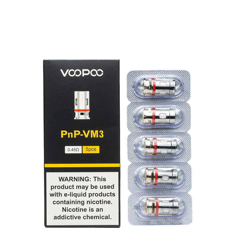 A box of VooPoo PnP-VM 3 Replacement Coils 0.45 ohm with a warning sign and a pack of five coils next to it - Vaper Corner