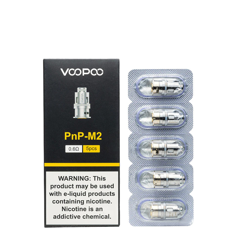 A box of VooPoo PnP-VM 2 Replacement Coils 0.6 ohm with a warning sign and a pack of five coils next to it - Vaper Corner