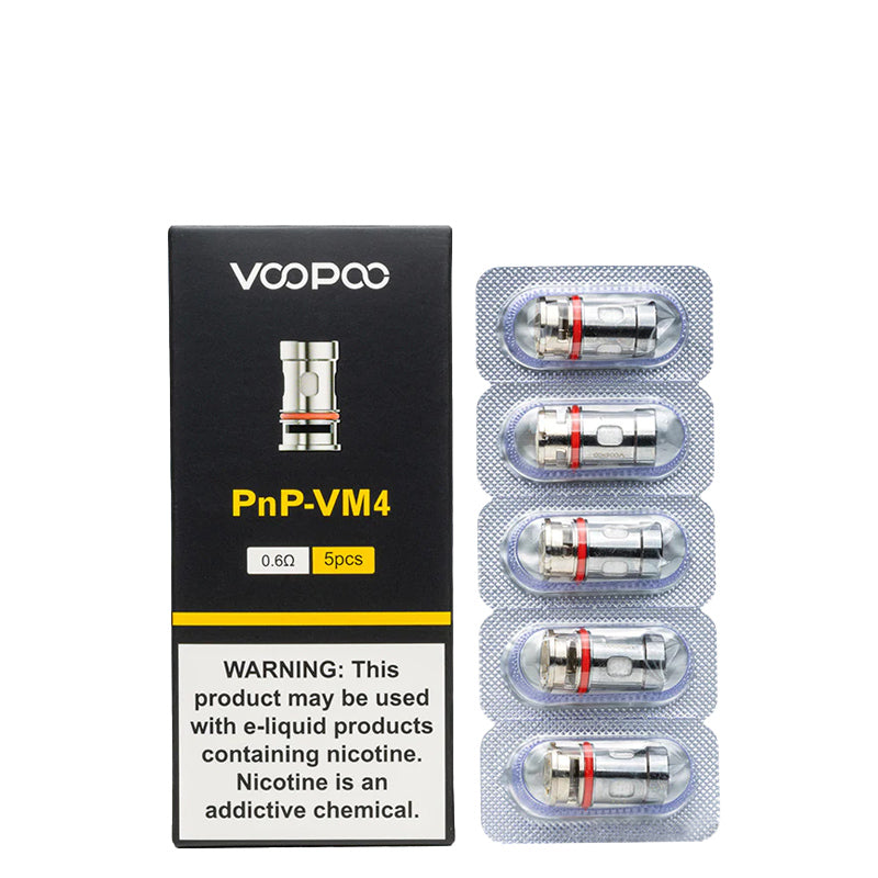 A box of VooPoo PnP-VM 4 Replacement Coils 0.6 ohm with a warning sign and a pack of five coils next to it - Vaper Corner