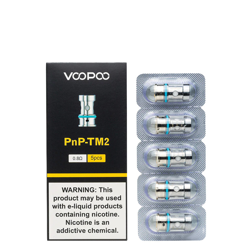 A box of VooPoo PnP TM 2 Replacement Coils 0.8 ohm with a warning sign and a pack of five coils next to it - Vaper Corner