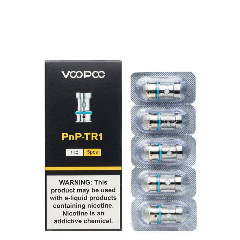 A box of VooPoo PnP-TR 1 Replacement Coils 1.2 ohm with a warning sign and a pack of five coils next to it - Vaper Corner